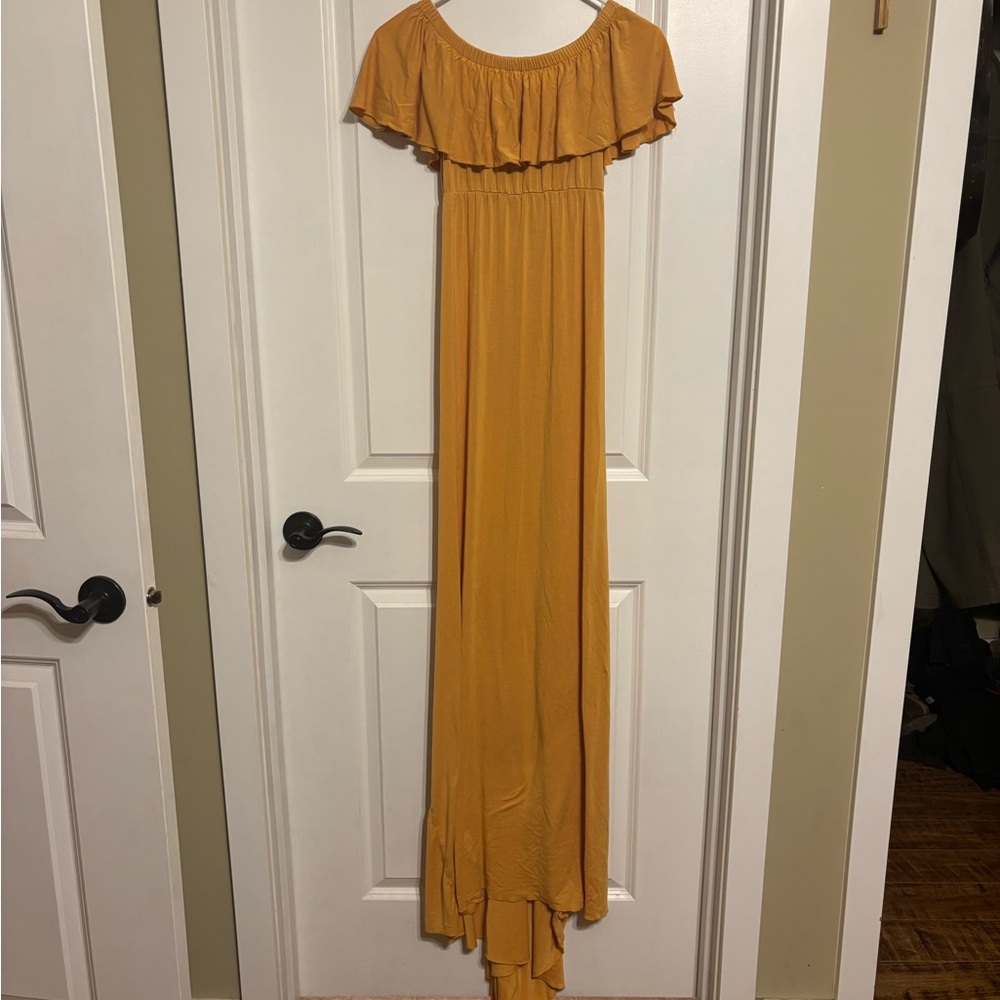 Elegant Mustard Off-Shoulder Maxi Maternity Dress